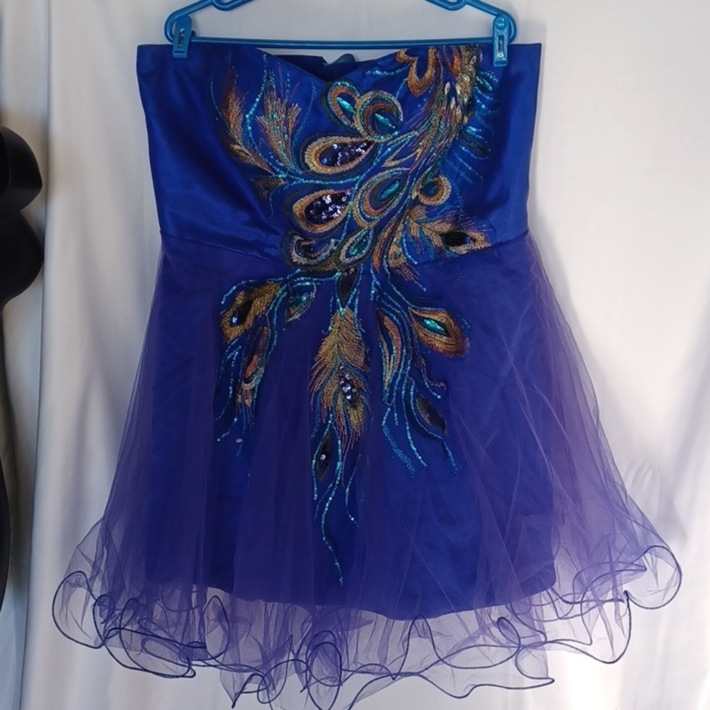 Royal Blue peacock dress, 22" bust, adjustable, 20" flat waist measure, 28" lg